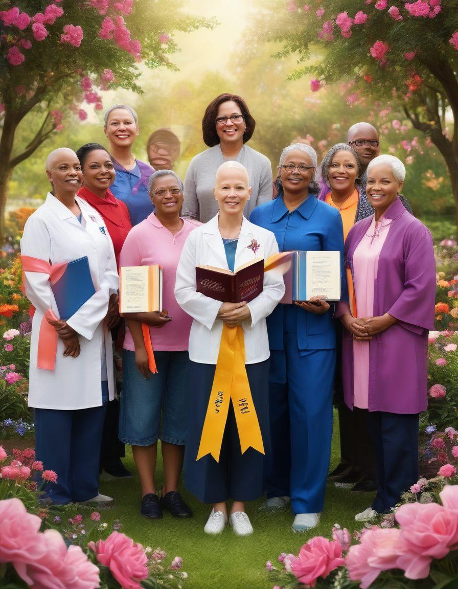 A powerful image showcasing a diverse group of cancer survivors and advocates standing together, symbolizing strength and unity. Incorporate elements of education, such as books and diplomas, intertwined with cancer awareness symbols like ribbons. The background features a blooming garden, symbolizing hope and growth. Colors should be vivid to convey positivity and resilience. vibrant colors. super-realistic.
