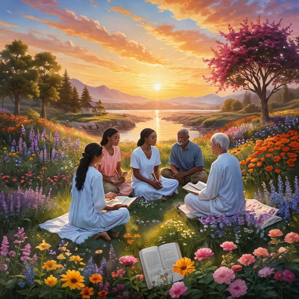 A serene landscape depicting diverse individuals supporting each other, surrounded by vibrant flowers symbolizing hope and healing. Include elements like a guiding light, educational books scattered around, and a soft sunset in the background, evoking a sense of community and strength against cancer. super-realistic. vibrant colors. uplifting atmosphere.
