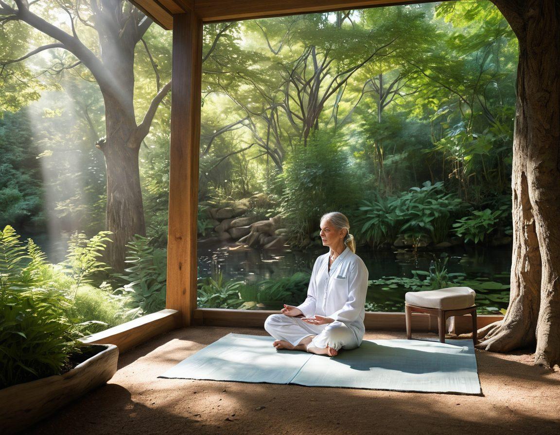 A serene healing space featuring a patient meditating surrounded by nature, soft sunlight filtering through trees, with elements of oncology like medical charts subtly integrated into the scene. Include calming colors and natural textures to evoke wellness and holistic healing. super-realistic. soft pastels. tranquil atmosphere.